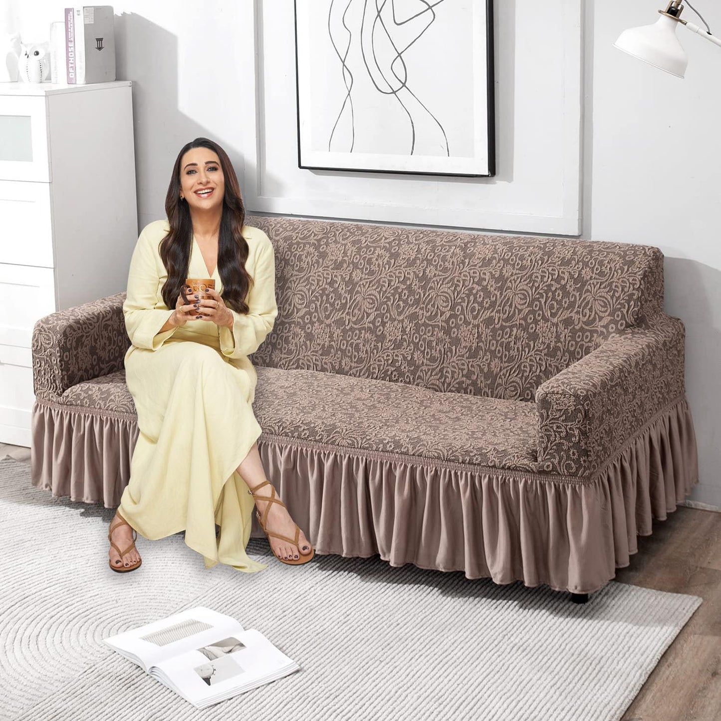 Elastic Stretchable Designer Woven Jacquard Sofa Cover with Frill, Light Taupe