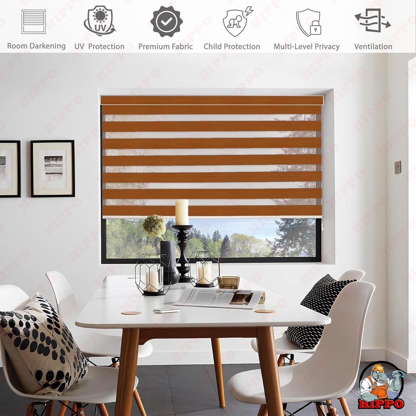 Premium Zebra Blinds Wooden Design Polyester Blend Semi/Complete Privacy Indoor Roller Blinds for Windows