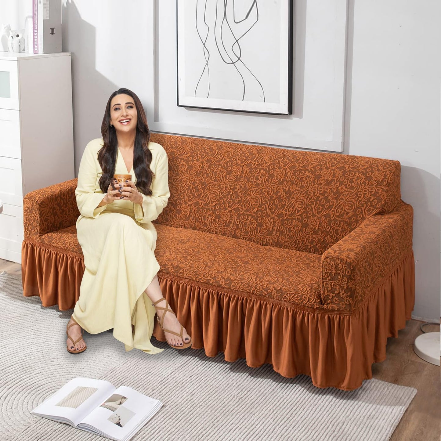 Elastic Stretchable Designer Woven Jacquard Sofa Cover with Frill, Caramel Brown