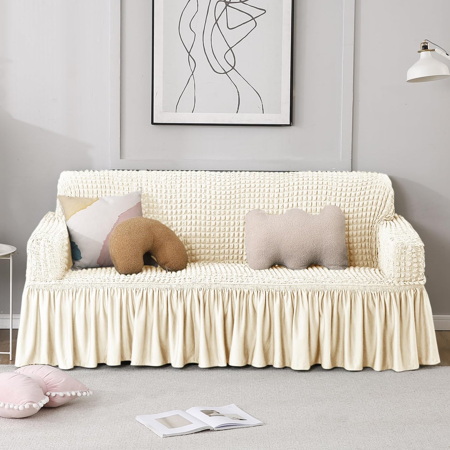 Elastic Stretchable Bubble Sofa Cover with Frill, Cream