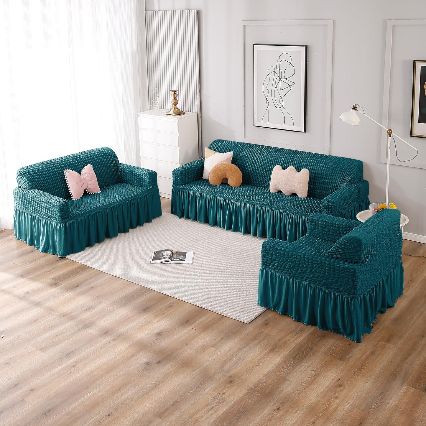 Elastic Stretchable Bubble Sofa Cover with Frill, Teal