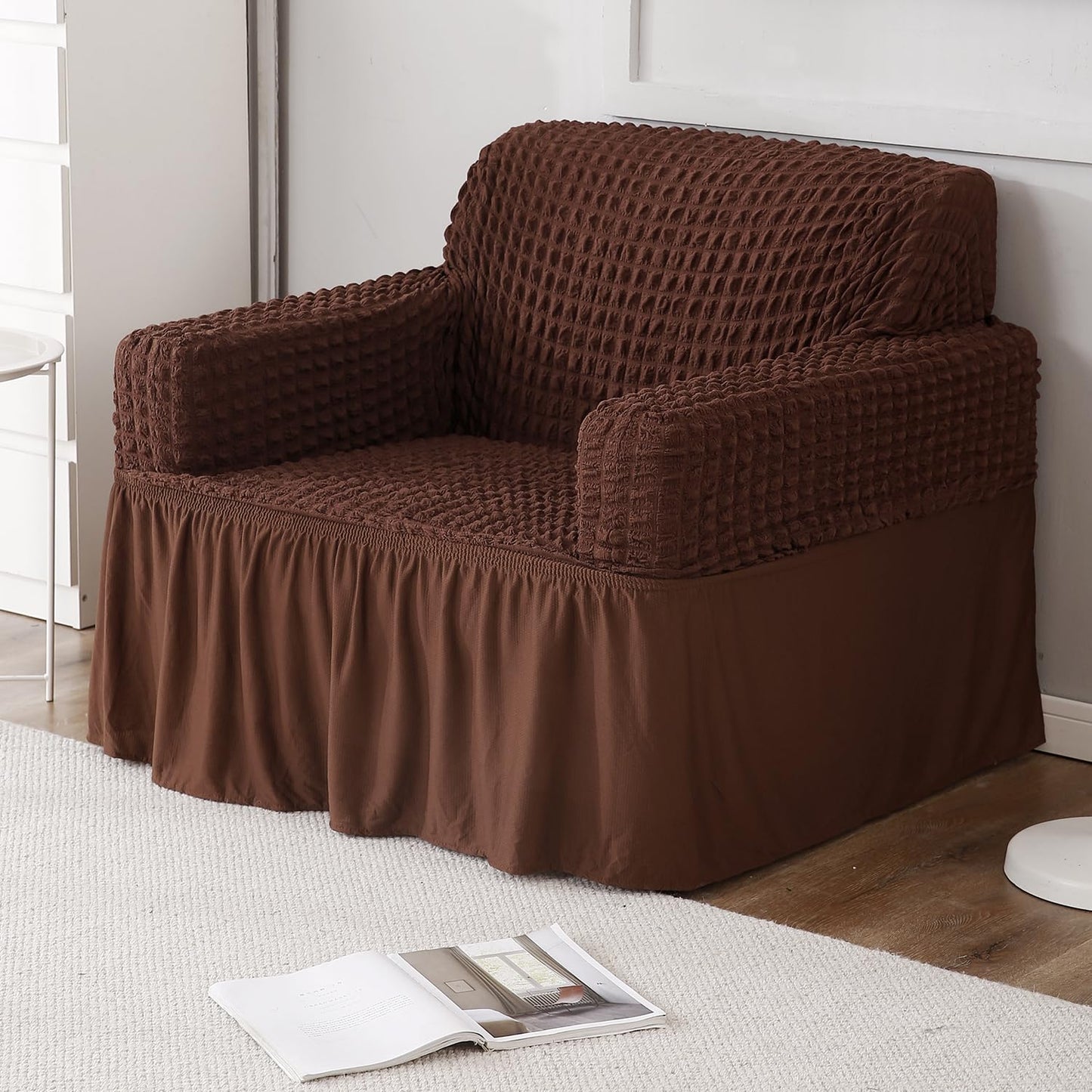 Elastic Stretchable 280 GSM Bubble Sofa Cover with Frill, Dark Brown