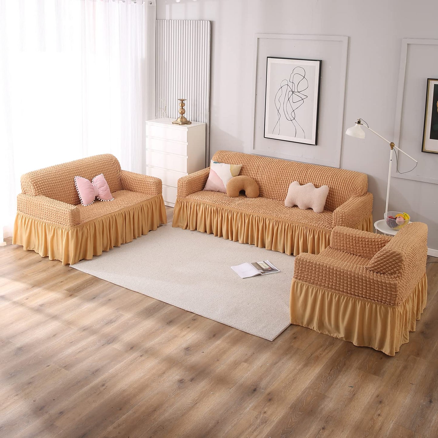 Elastic Stretchable 280 GSM Bubble Sofa Cover with Frill, Light Brown