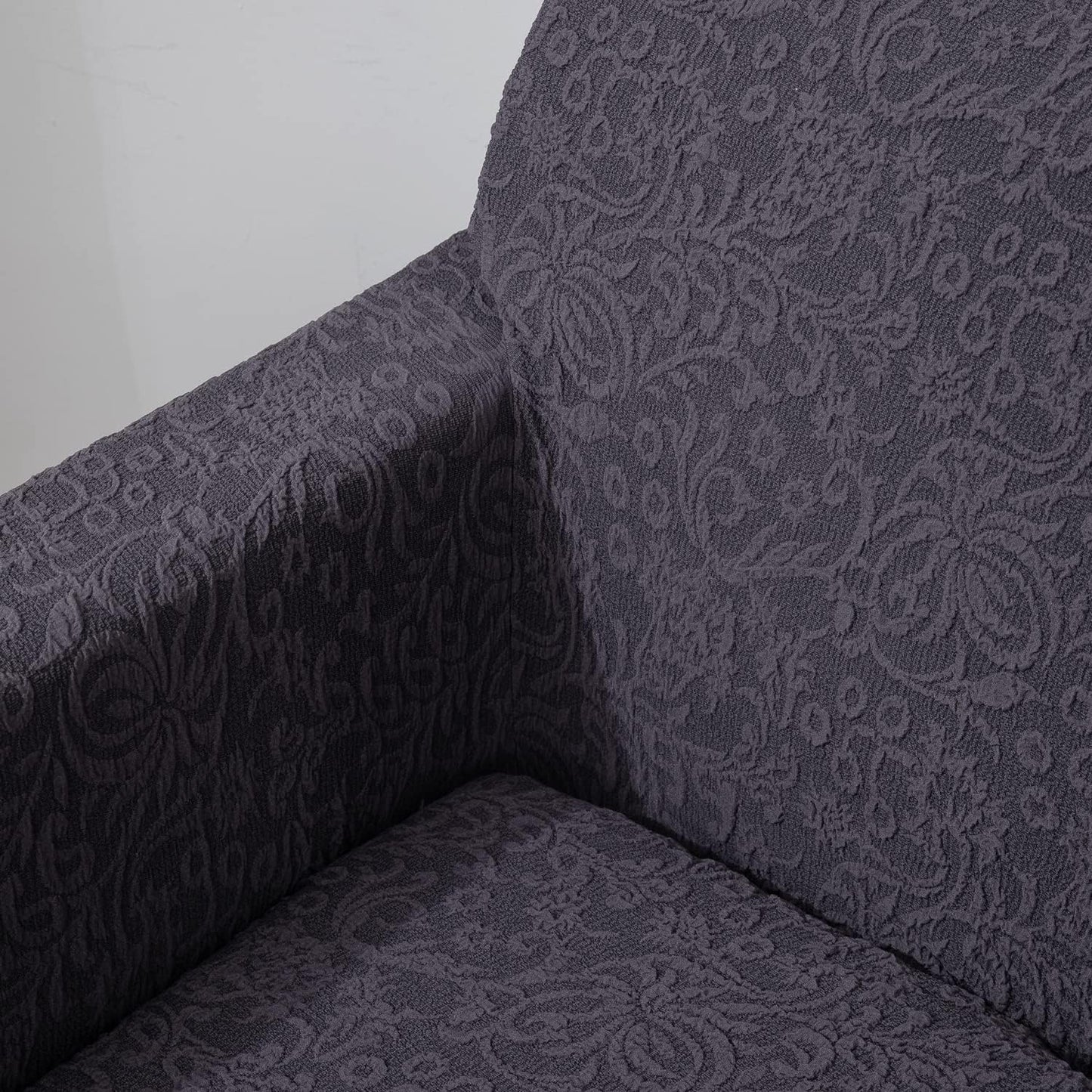 Elastic Stretchable Designer Woven Jacquard Sofa Cover with Frill, Abbey Grey