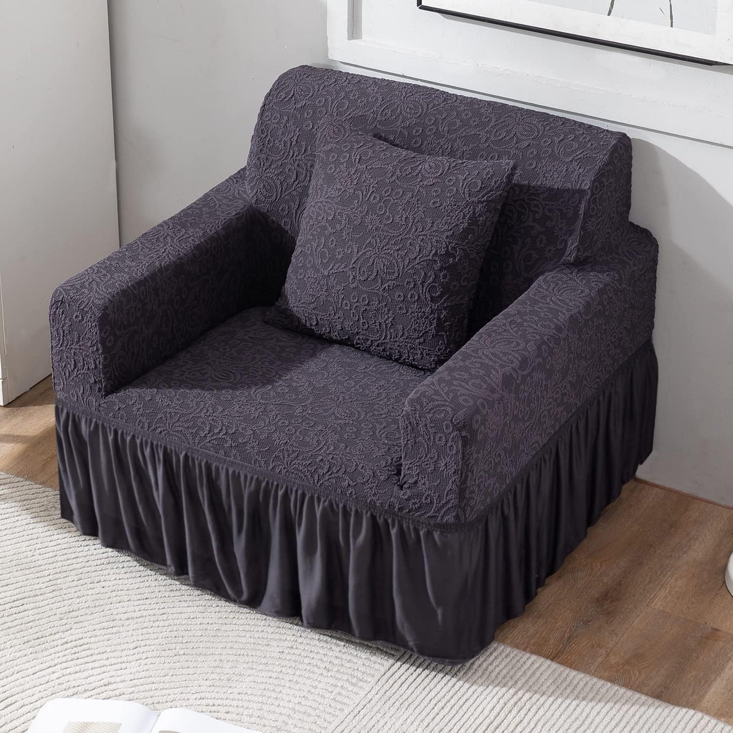 Elastic Stretchable Designer Woven Jacquard Sofa Cover with Frill, Abbey Grey