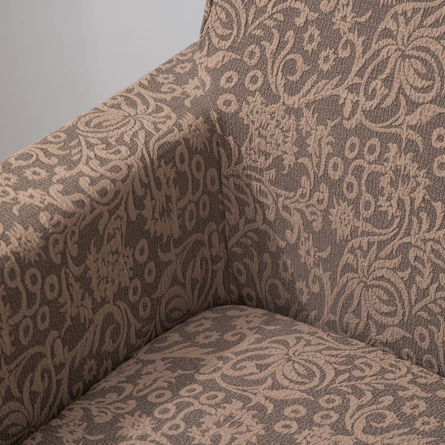 Elastic Stretchable Designer Woven Jacquard Sofa Cover with Frill, Light Taupe