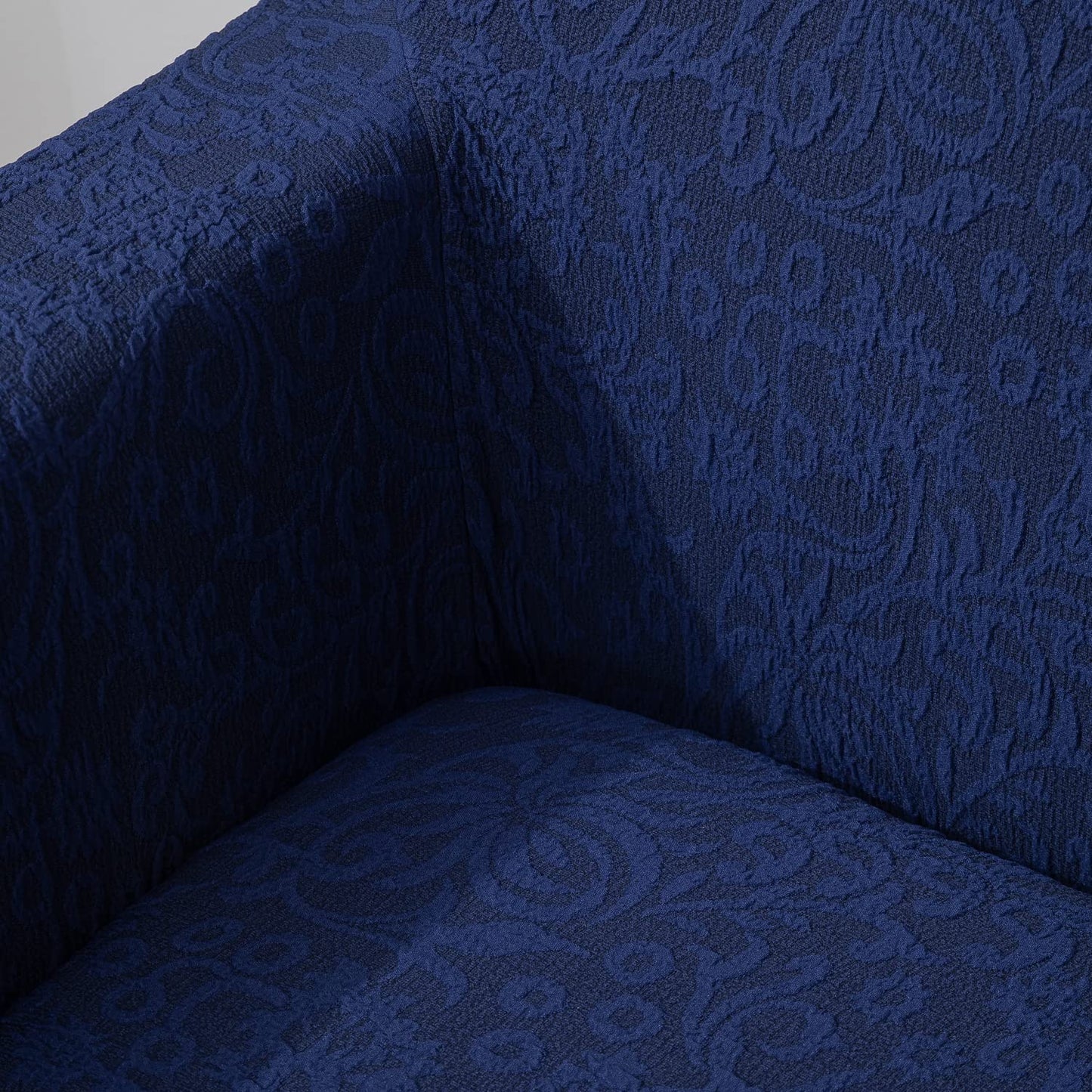 Elastic Stretchable Designer Woven Jacquard Sofa Cover with Frill, Navy Blue