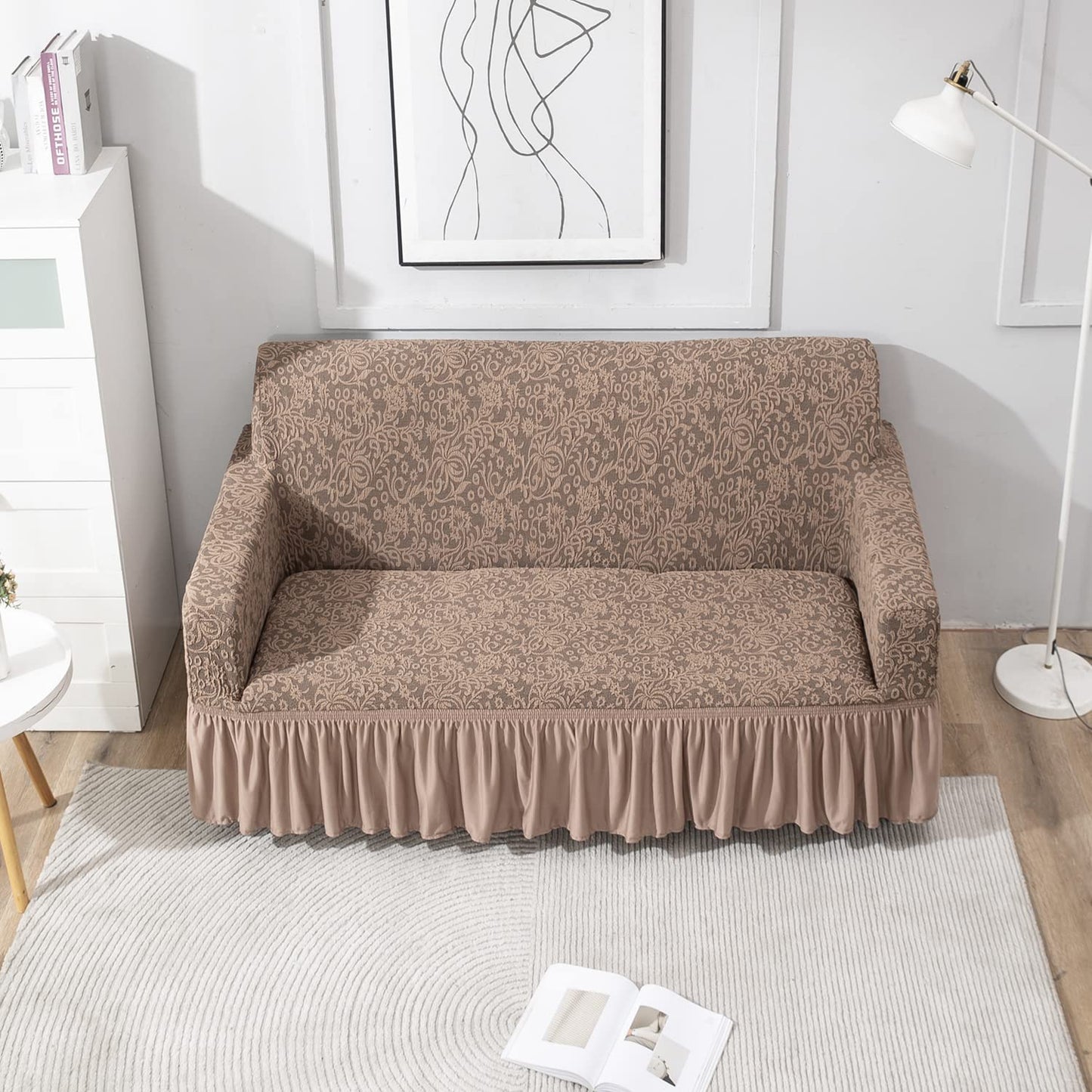 Elastic Stretchable Designer Woven Jacquard Sofa Cover with Frill, Light Taupe