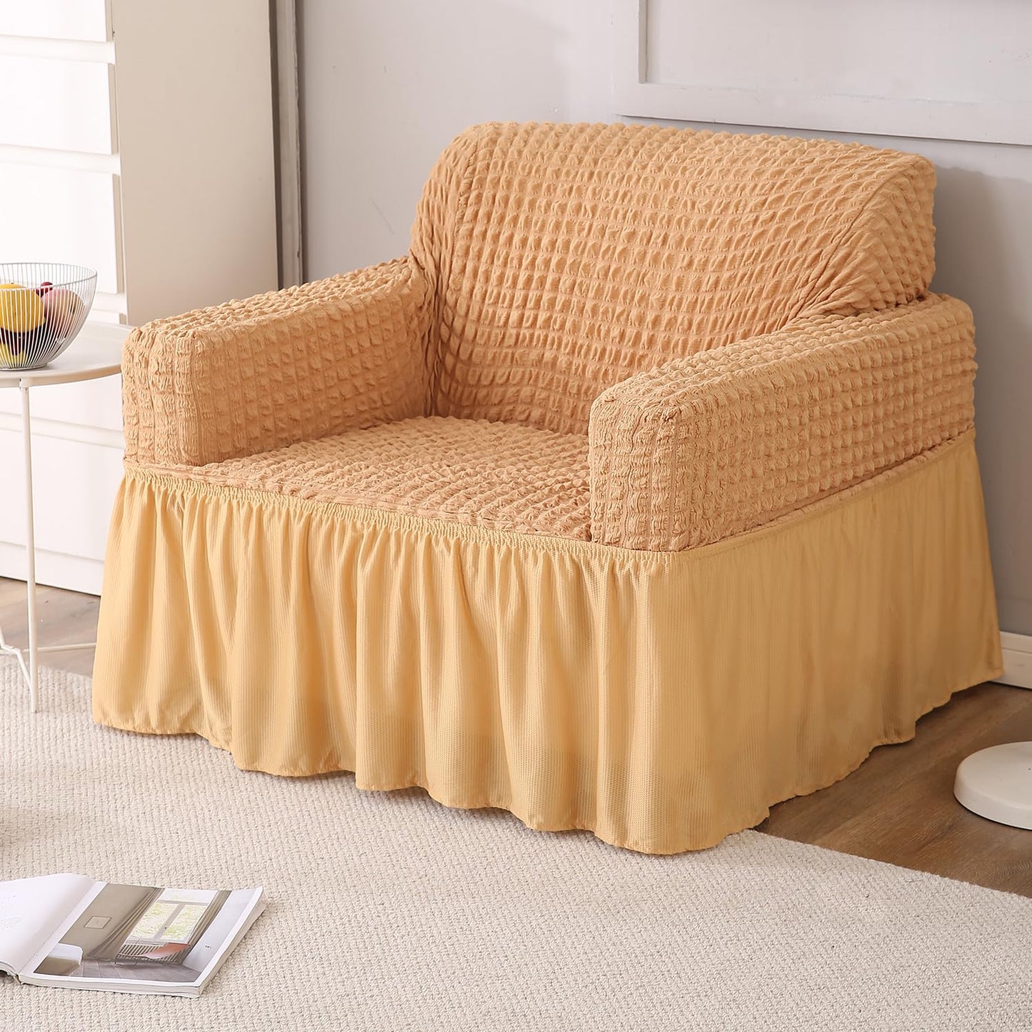 Elastic Stretchable 280 GSM Bubble Sofa Cover with Frill, Light Brown