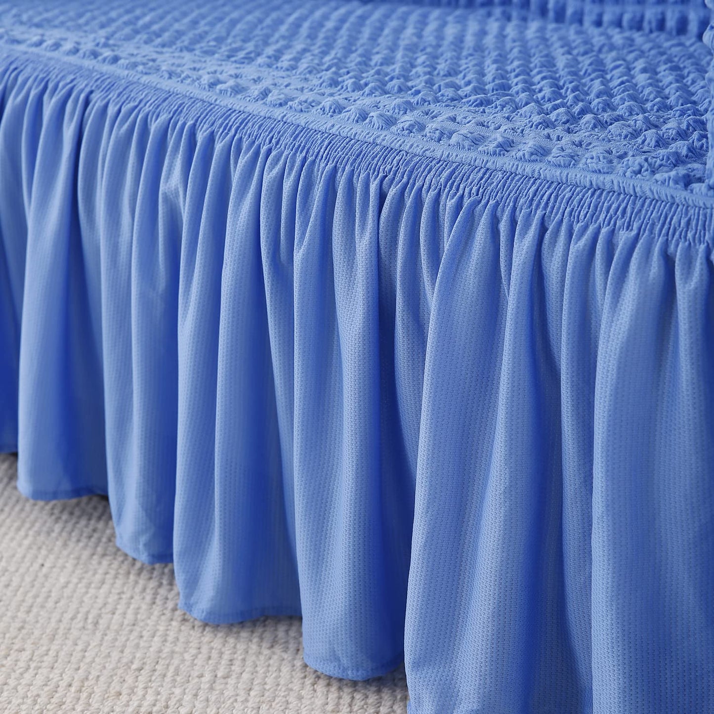 Elastic Stretchable 280 GSM Bubble Sofa Cover with Frill, Sky Blue