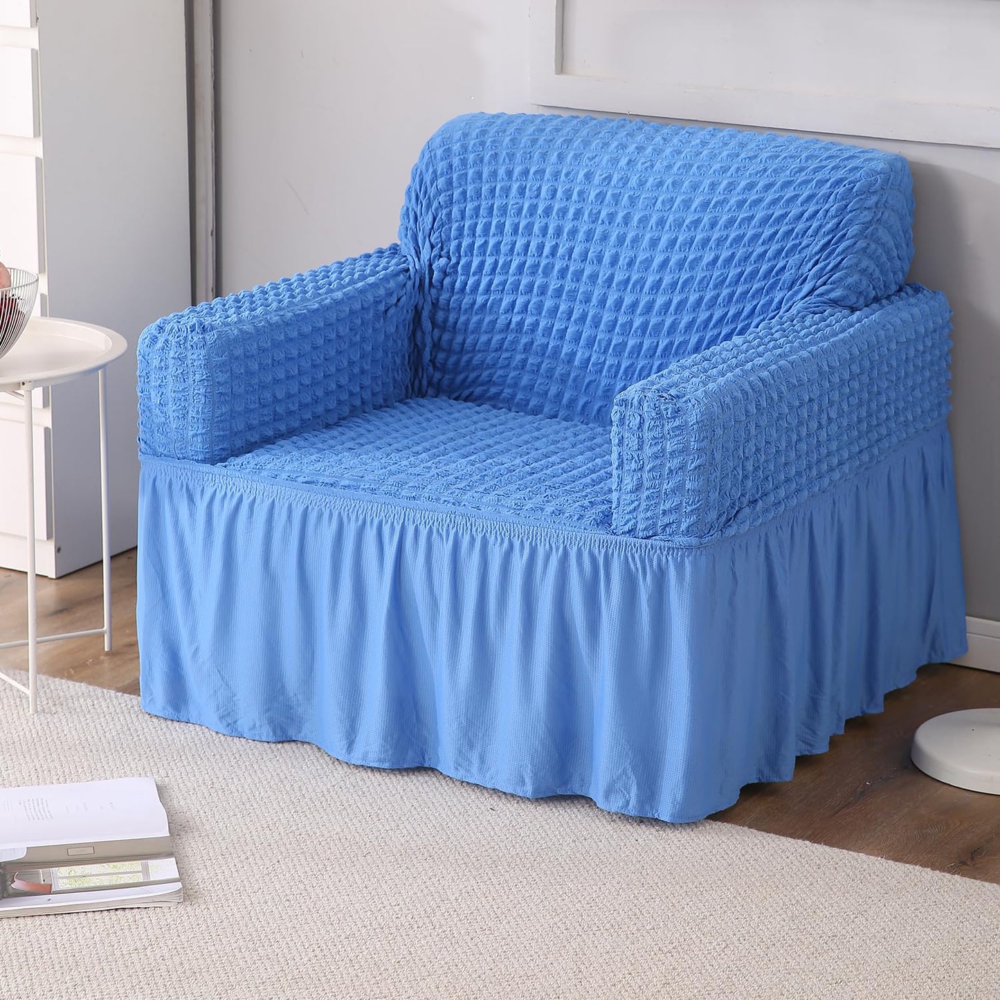 Elastic Stretchable 280 GSM Bubble Sofa Cover with Frill, Sky Blue
