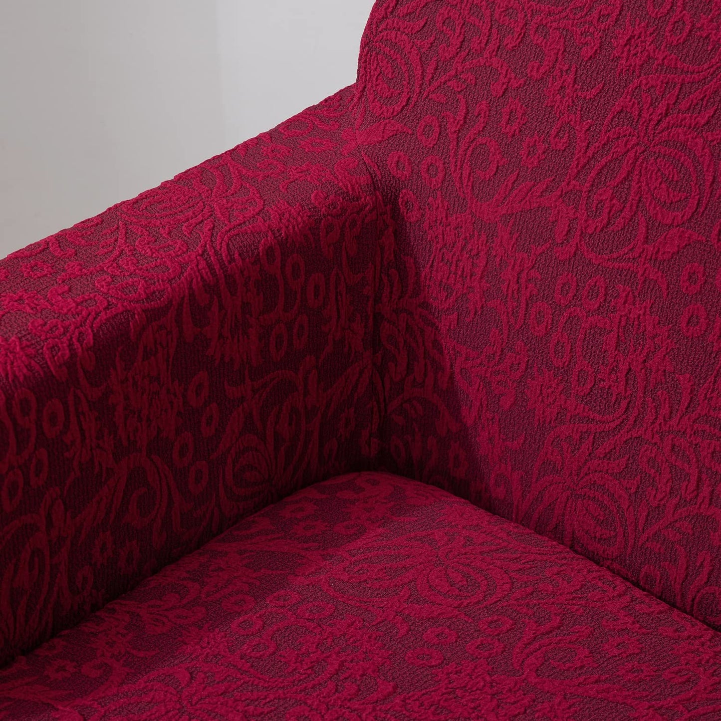 Elastic Stretchable Designer Woven Jacquard Sofa Cover with Frill, Wine Red