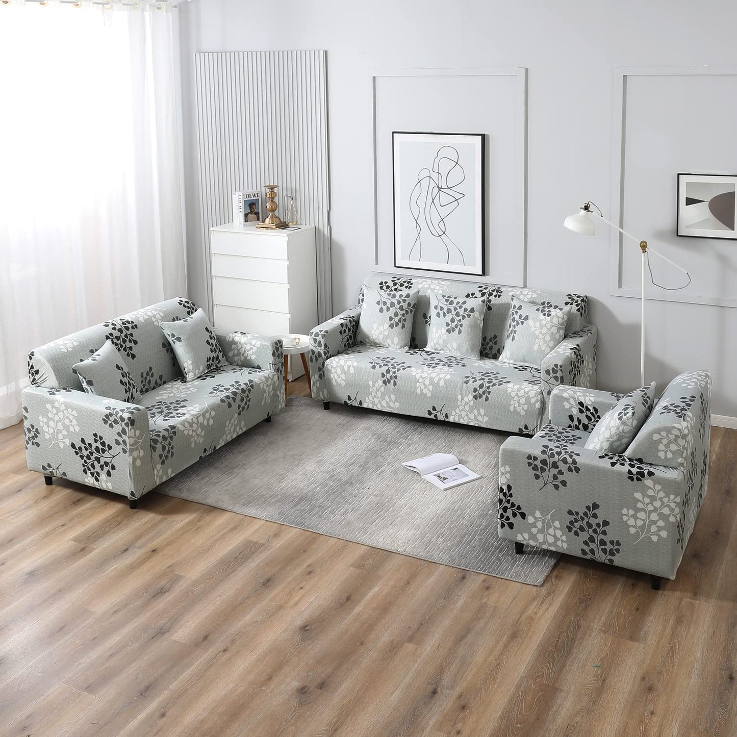Stretchable Pack of 2 Cushion Cover 16x16, Grey Leaves