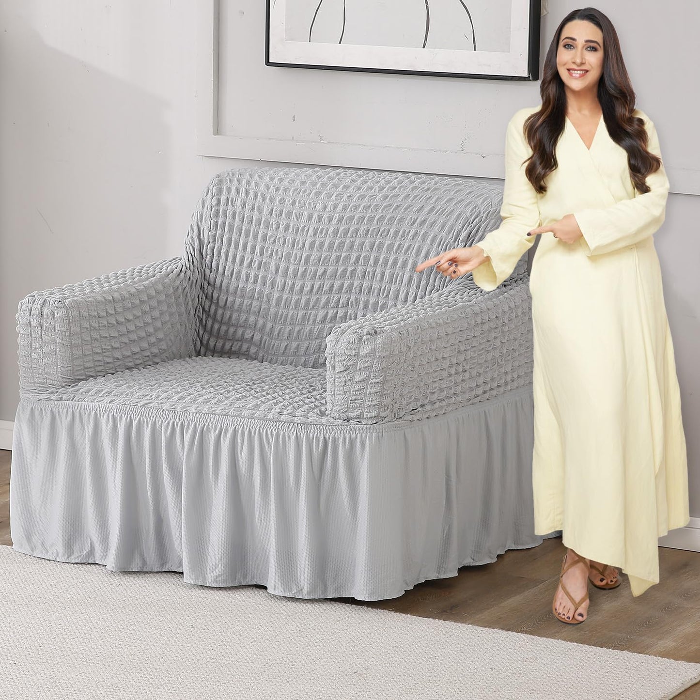Elastic Stretchable 280 GSM Bubble Sofa Cover with Frill, Ash Grey