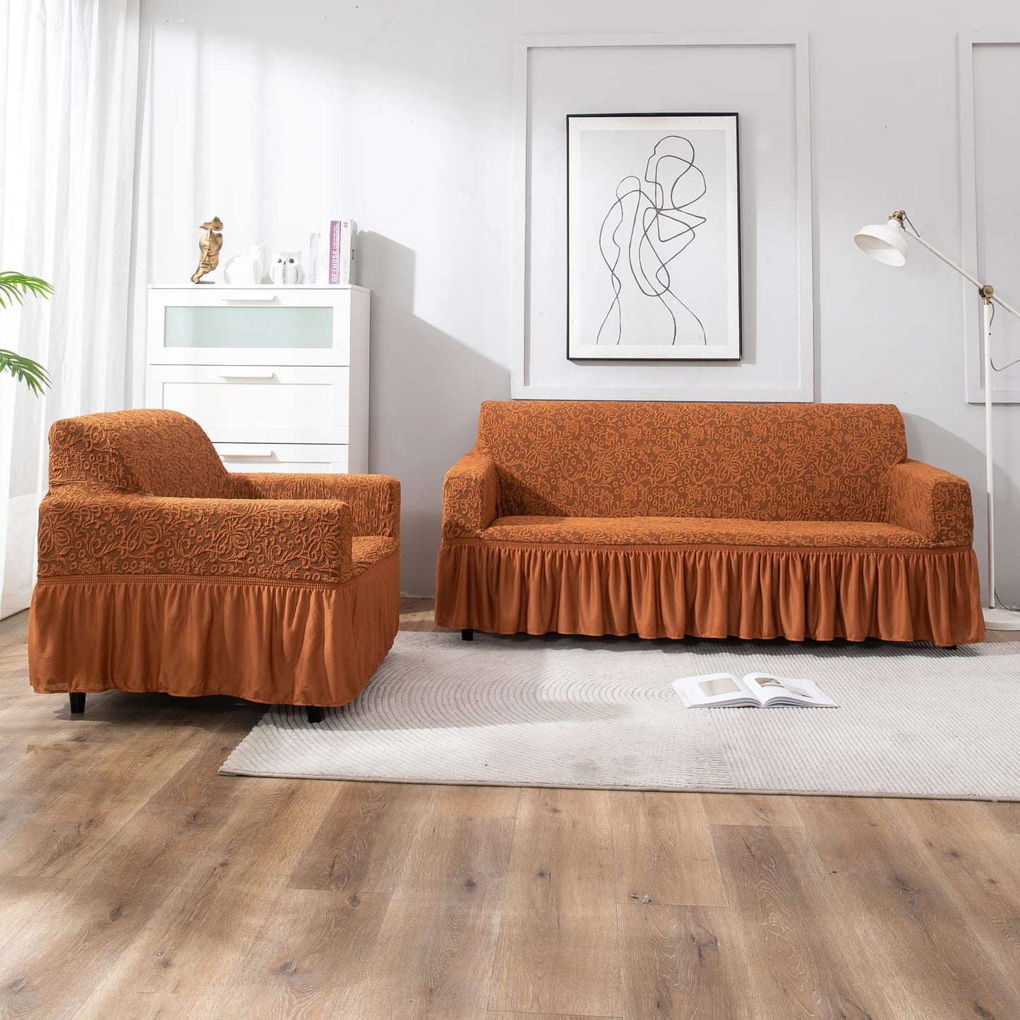 Elastic Stretchable Designer Woven Jacquard Sofa Cover with Frill, Caramel Brown