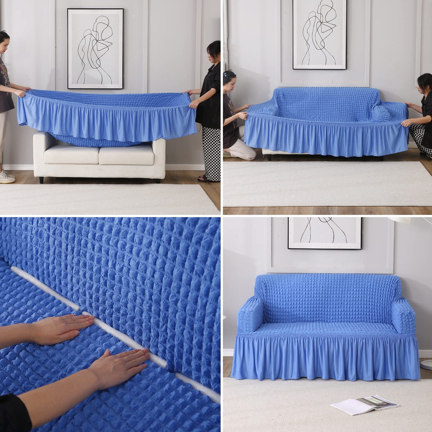 Elastic Stretchable 280 GSM Bubble Sofa Cover with Frill, Sky Blue
