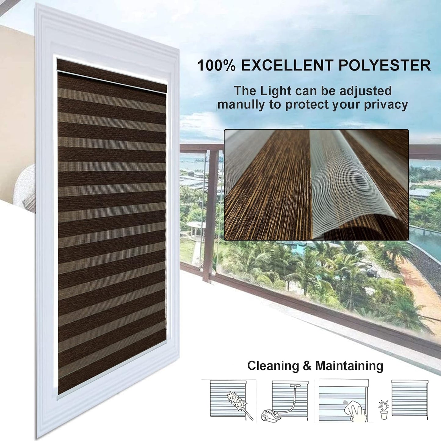 Premium Zebra Blinds Wooden Design Polyester Blend Semi/Complete Privacy Indoor Roller Blinds for Windows