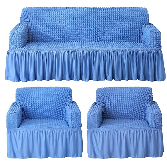 Elastic Stretchable 280 GSM Bubble Sofa Cover with Frill, Sky Blue