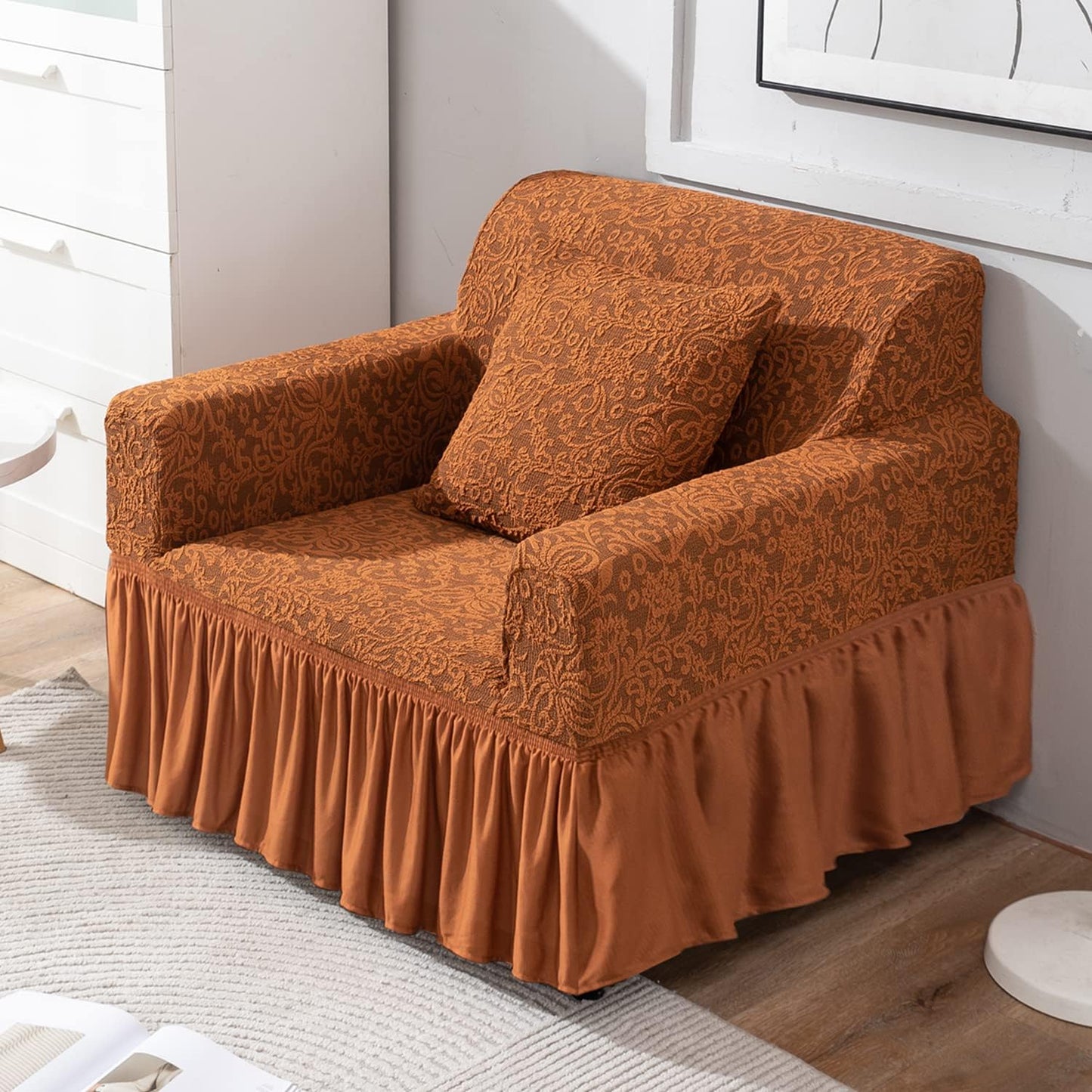 Elastic Stretchable Designer Woven Jacquard Sofa Cover with Frill, Caramel Brown