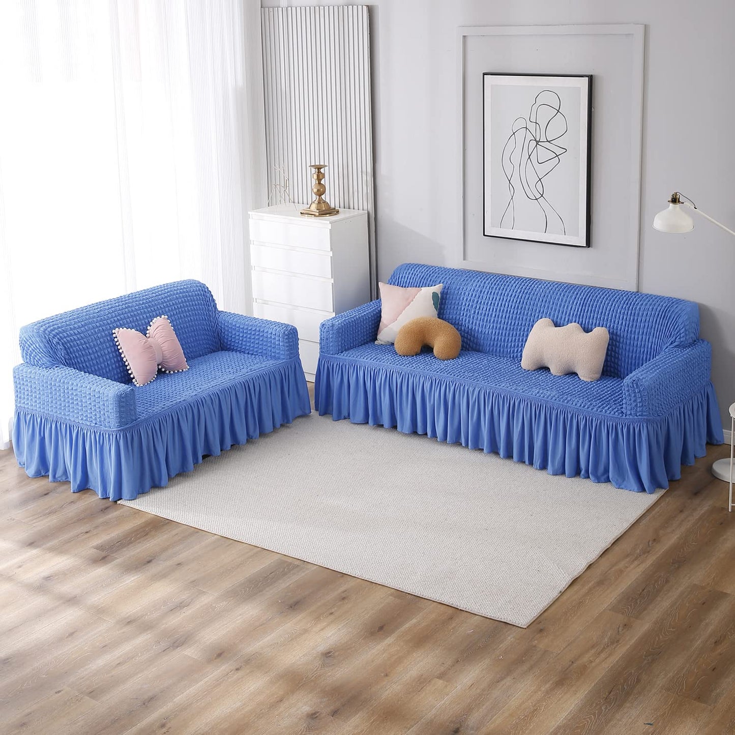 Elastic Stretchable 280 GSM Bubble Sofa Cover with Frill, Sky Blue