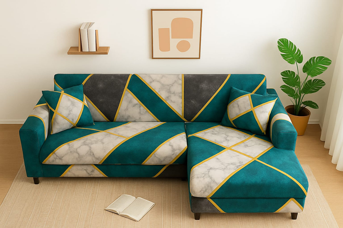 GEOMETRIC CREAM - Luxury Quality Strechable & Dust-proof Sofa Cover