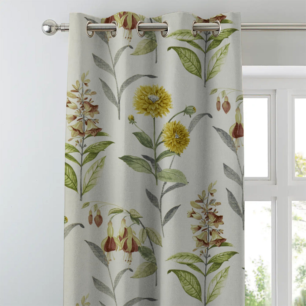 Sunny Delight Floral Mustard Yellow Heavy Satin Room Darkening Curtains Set Of 2 - (DS90A)