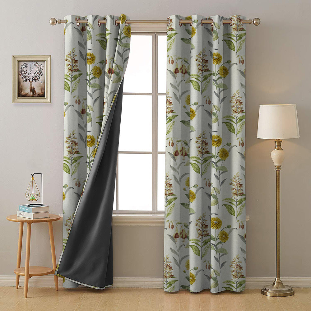 Sunny Delight Floral Mustard Yellow Heavy Satin Room Darkening Curtains Set Of 2 - (DS90A)