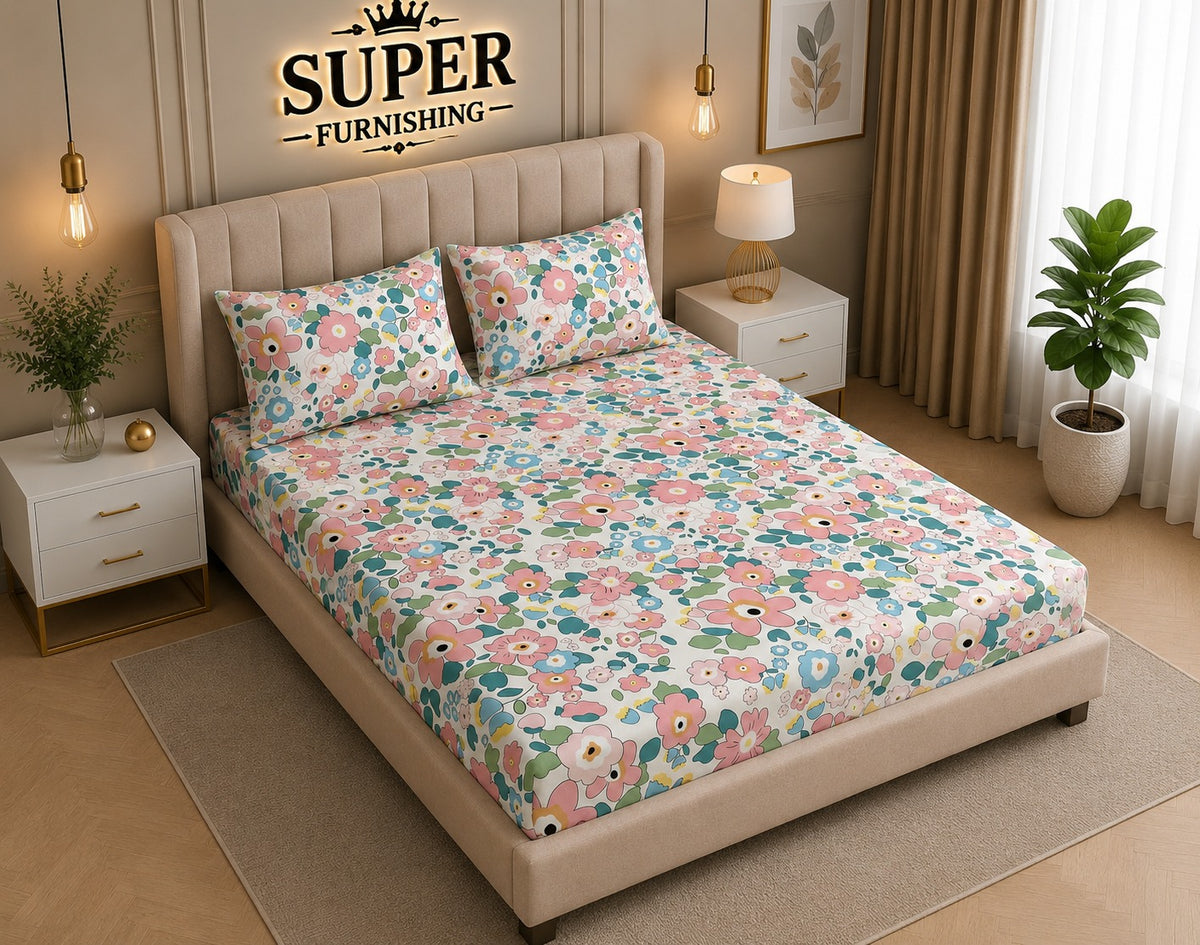 White Floral Cotton Blend Elastic Fitted King Bedsheet with 2 Pillow Covers- Super Furnishing  BUY 1 GET 1 FREE