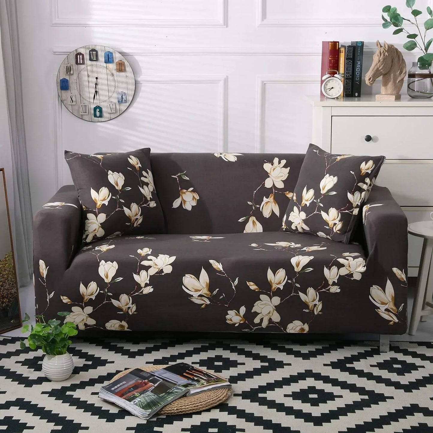 3+1+1 BROWN FLOWER SOFA COVER ELASTIC STRETCHABLE 48 HOURS OFFER