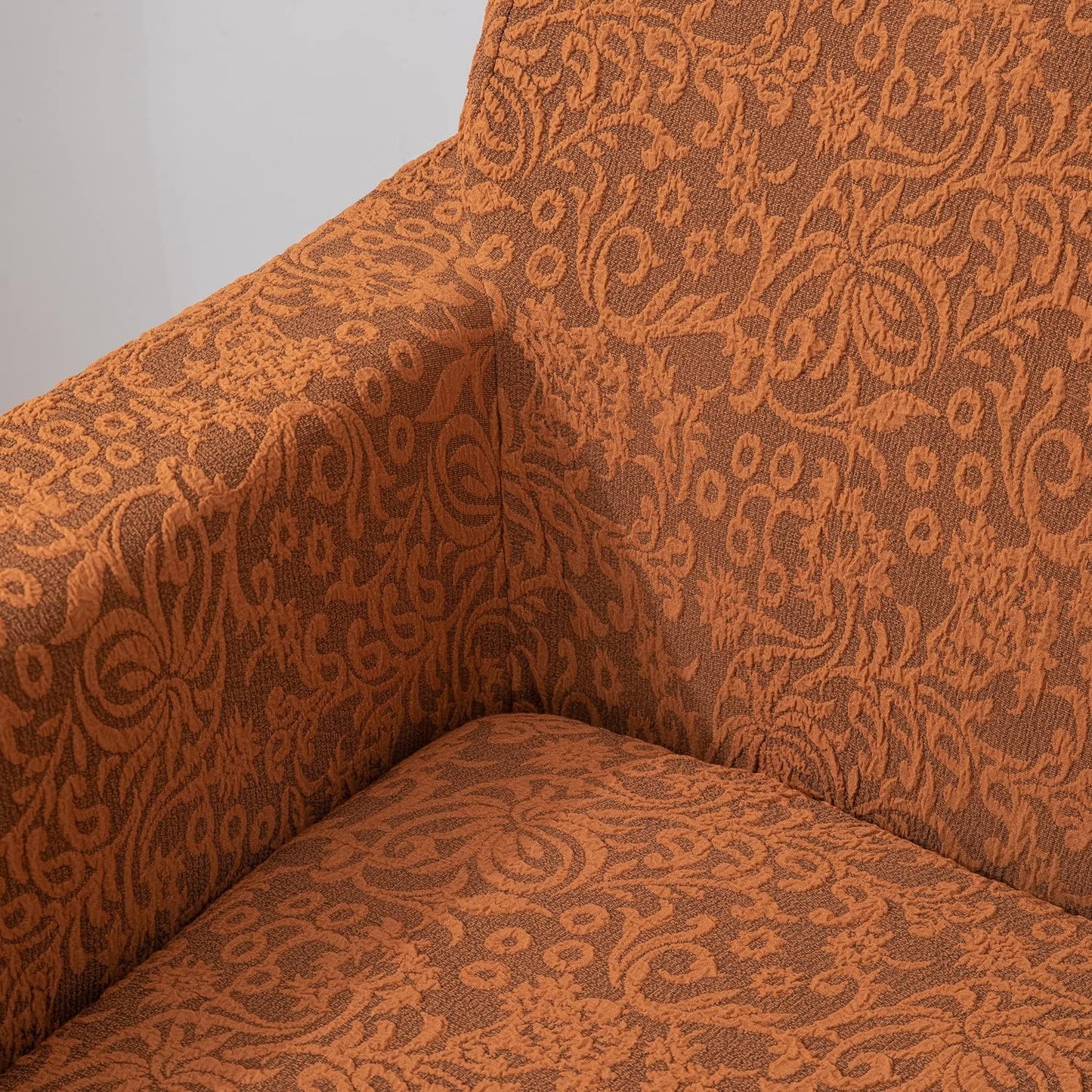 Elastic Stretchable Designer Woven Jacquard Sofa Cover with Frill, Caramel Brown