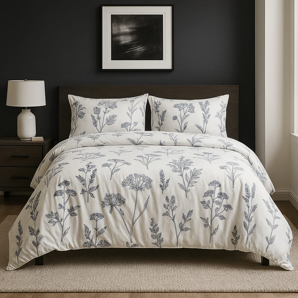 Off-White Elegant Botanical Print / Pure Cotton King Size Bedsheet - Super Furnishing
