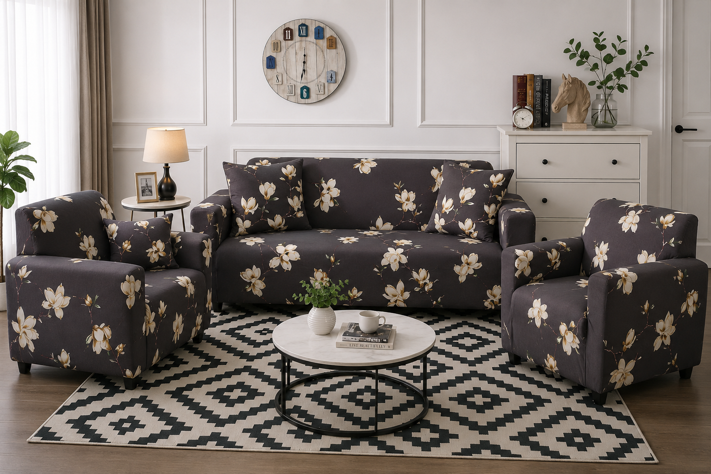 3+1+1 BROWN FLOWER SOFA COVER ELASTIC STRETCHABLE 48 HOURS OFFER