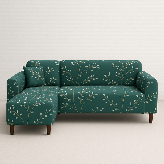 L Shape Sofa Cover-Leafe Olive Green - Luxury Quality Strechable & Dust-proof Sofa Cover