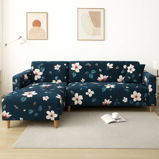 L Shape Sofa Cover- Floral Blue - Luxury Quality Strechable & Dust-proof Sofa Cover