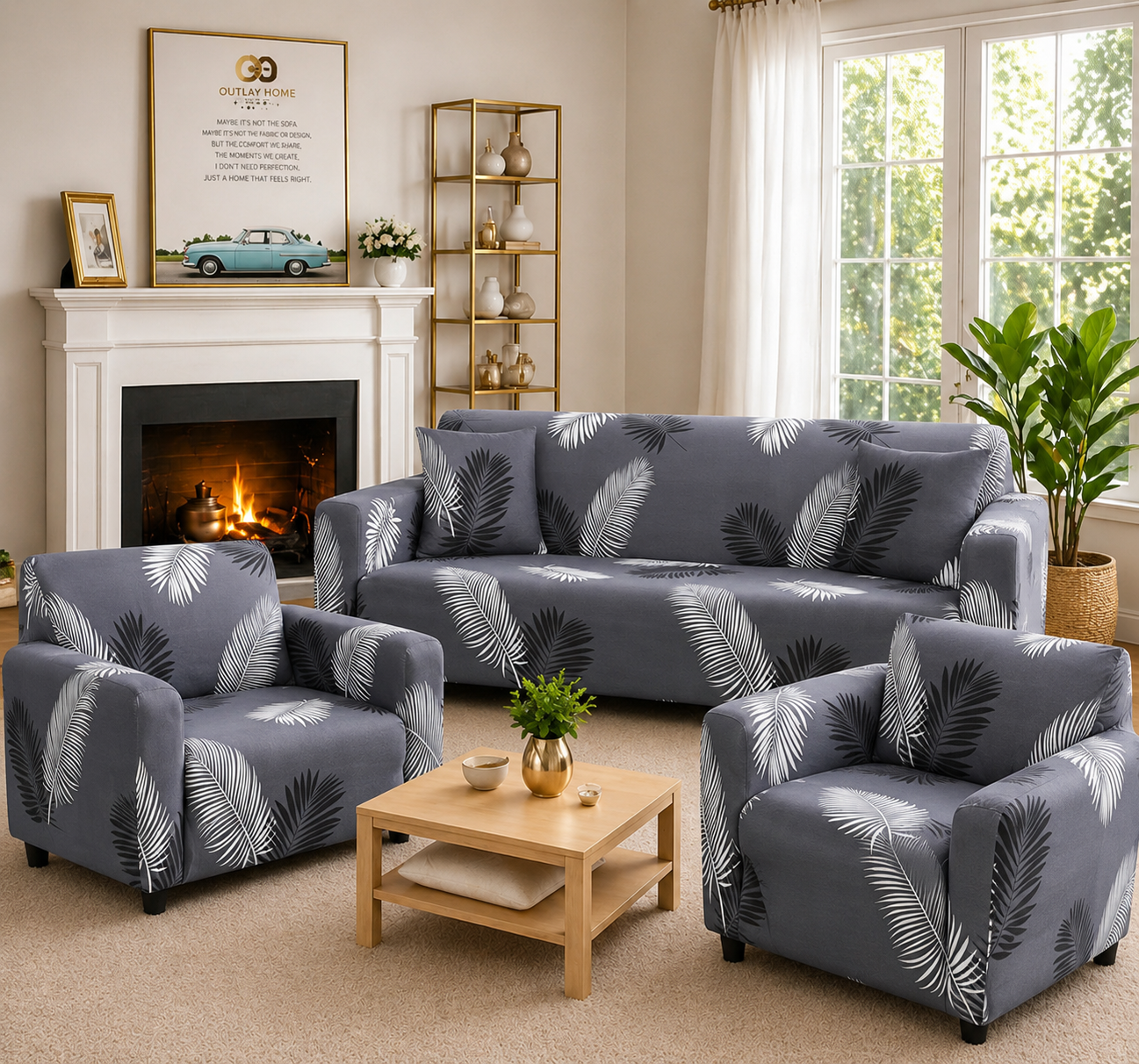 3+1+1 CHARCOAL FERN SOFA COVER ELASTIC STRETCHABLE 48 HOURS OFFER