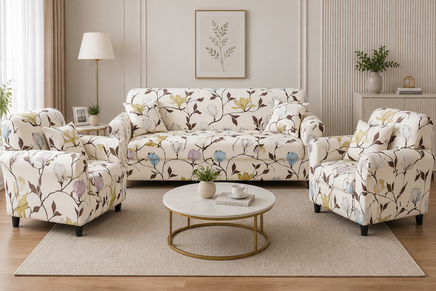 3+1+1 Sofa Cover-Flooral Beige- Luxury Quality Strechable & Dust-proof Sofa Cover 48HOURS