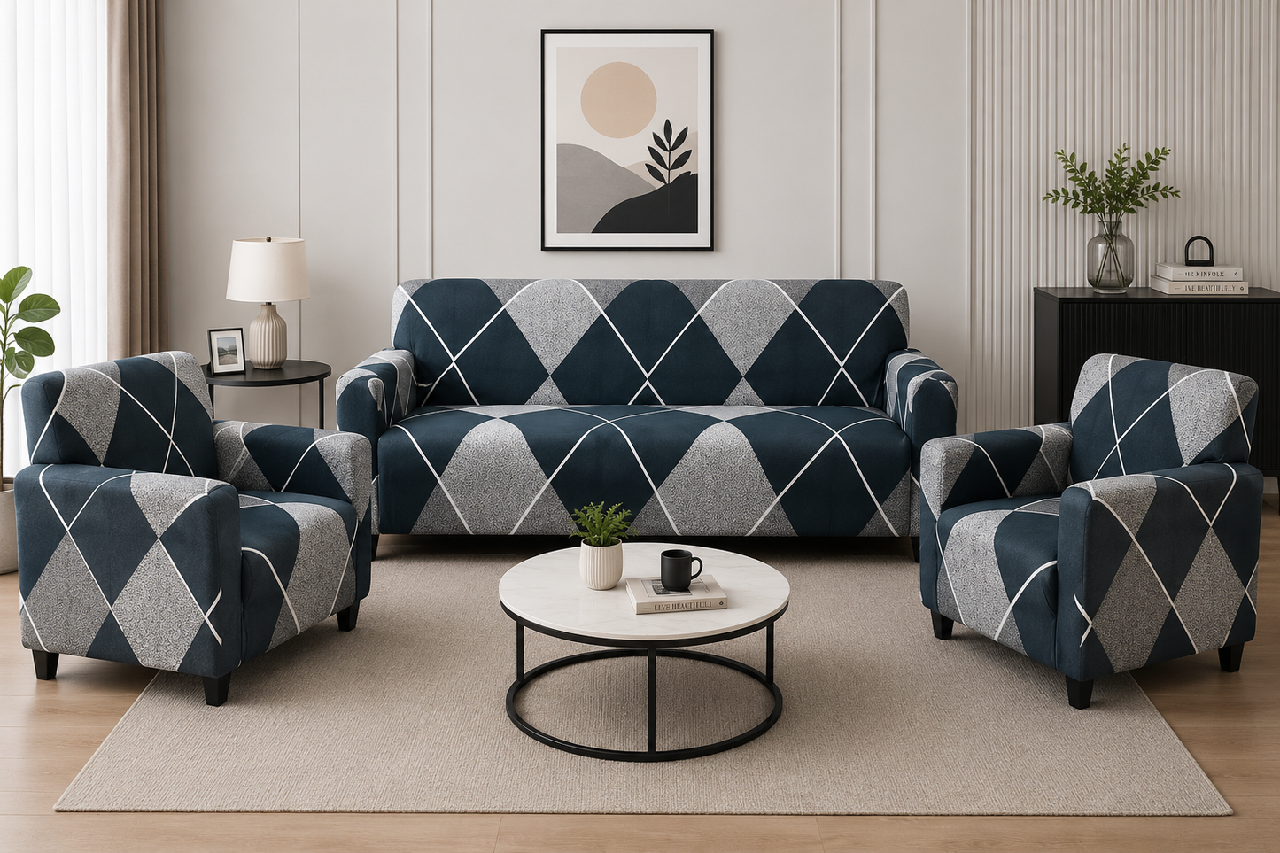3+1+1 CHECKERPLAID BLUE SOFA COVER ELASTIC STRETCHABLE 48 HOURS OFFER