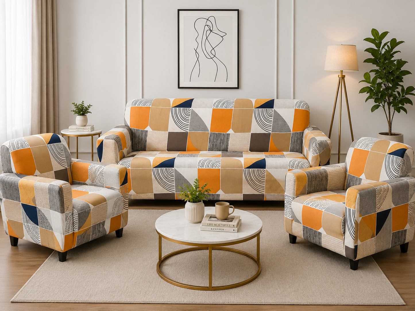 3+1+1 ORANGE SQUARE SOFA COVER ELASTIC STRETCHABLE 48 HOURS OFFER