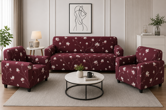 3+1+1 MAROON FLOWER SOFA COVER ELASTIC STRETCHABLE 48 HOURS OFFER
