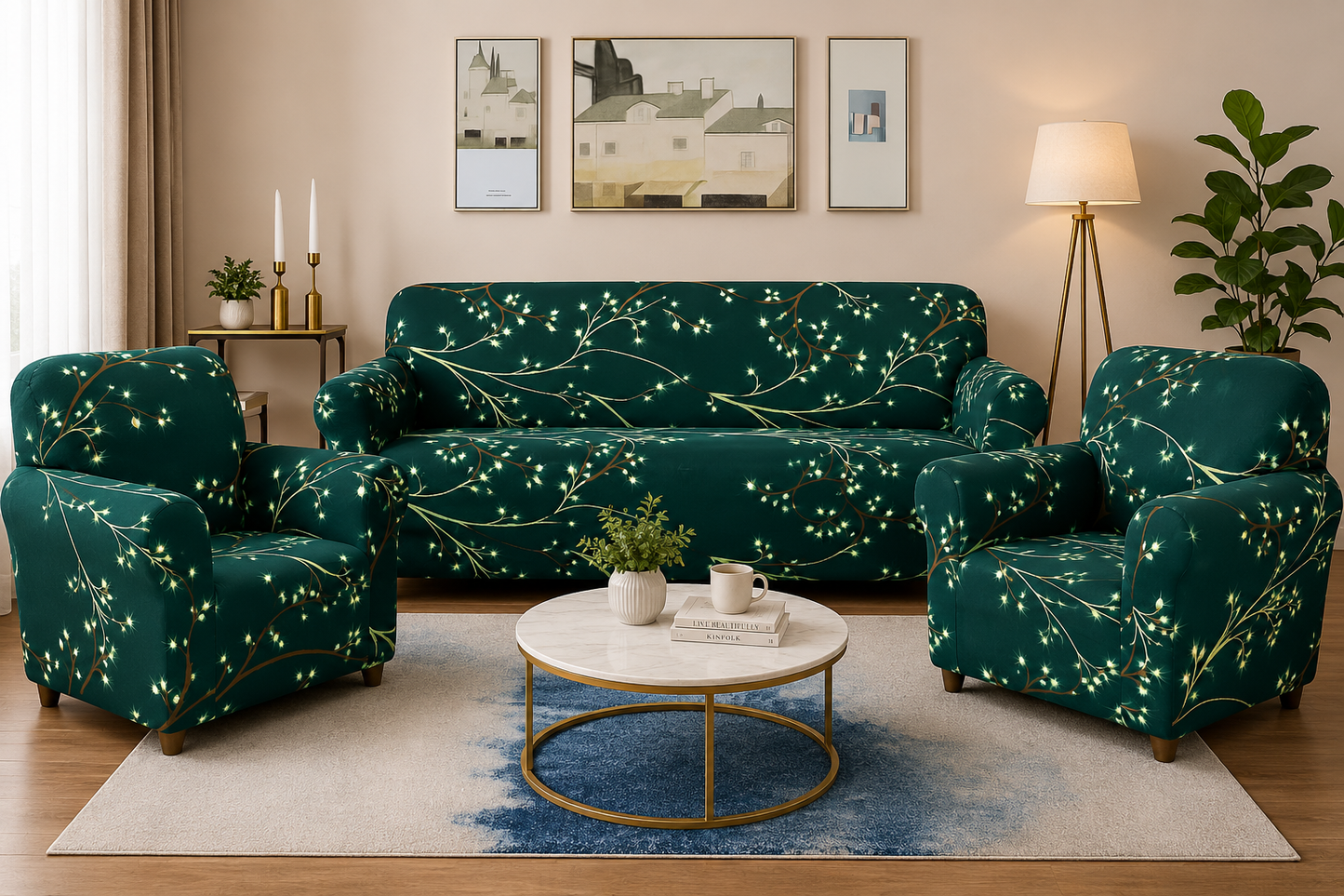 3+1+1 GREEN FLOWER SOFA COVER ELASTIC STRETCHABLE 48 HOURS OFFER