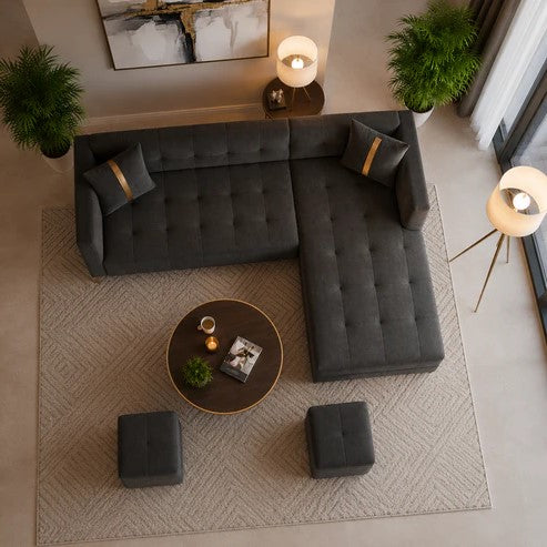 Zyora L Shape 6 Seater Fabric Sofa Set with 2 Puffy | Modern Luxury Corner Sofa for Living Room