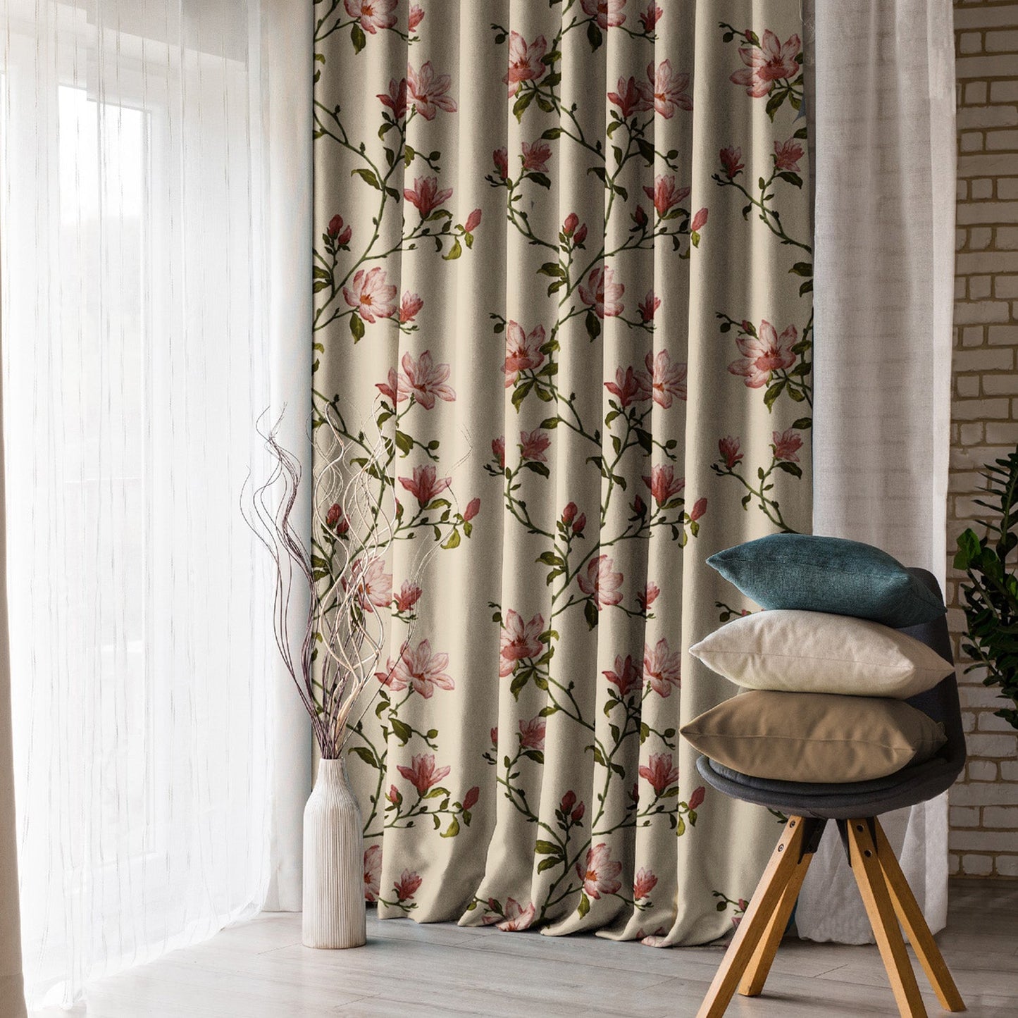 Elegant Floral & Ombre Print Combination Room Darkening Curtains - Set Of 4 Door Curtain (427BOFC12) - Pink & Beige