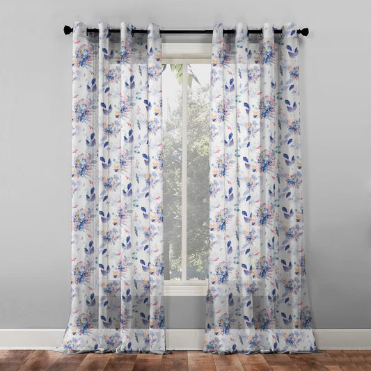 Elegant Floral Print Sheer Semi Transparent Curtain - Set of 2 -DS72A