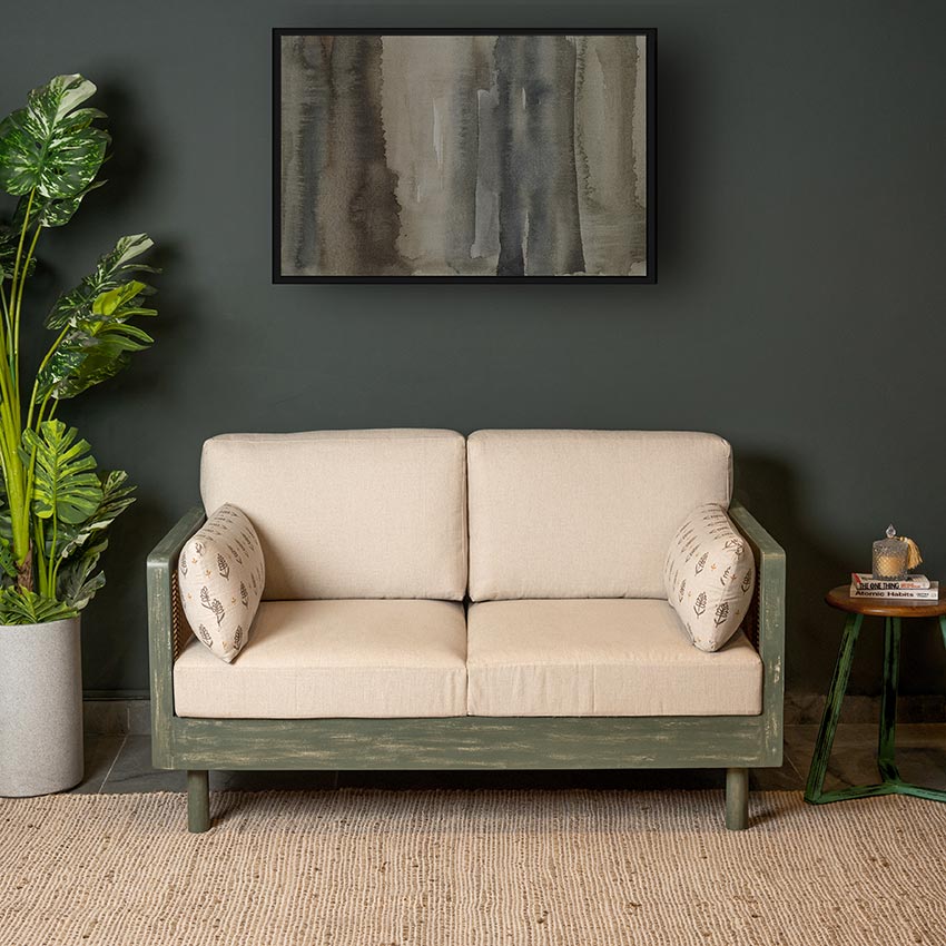 Ethan Solid Wood 2 Seater Sofa with Rattan Cane Work