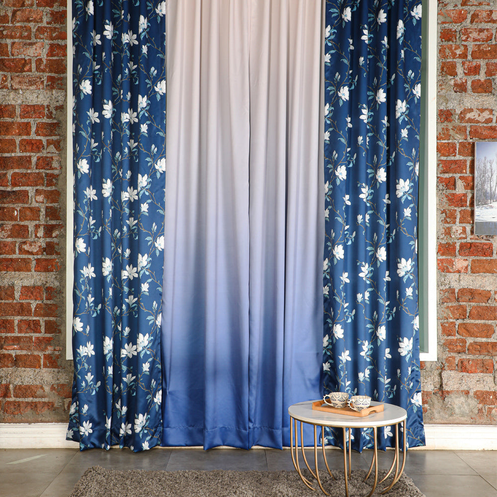 Elegant Floral & Ombre Print Combination Room Darkening Curtains - Set Of 4 Door Curtain (428ATWOM4) - Blue & Beige