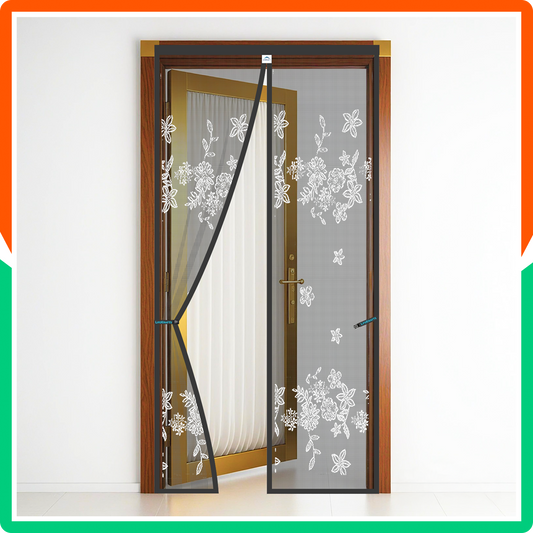 Polyester Printed  Magnetic Door Mosquito Net – Floral Jacquard Grey Design