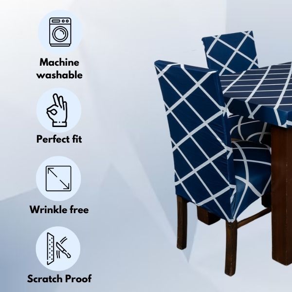 Navy Blue Checks Design Elastic Table Chairs Cover