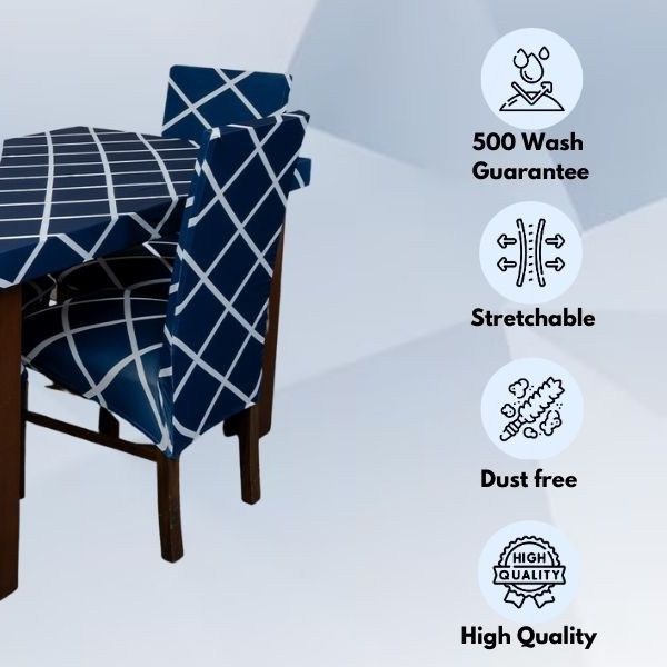 Navy Blue Checks Design Elastic Table Chairs Cover