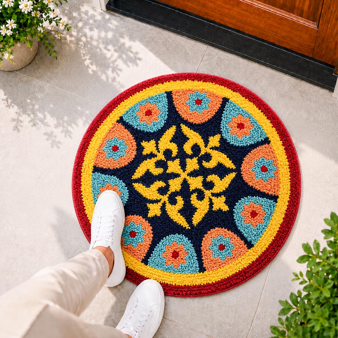 Rangoli Azure Tile Door and Bathroom Mat
