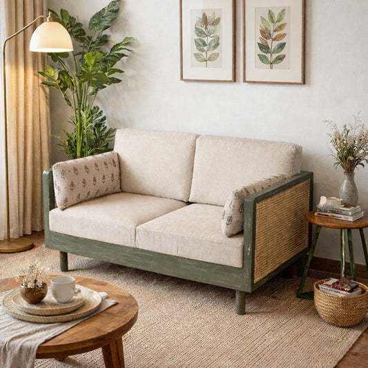 Ethan Solid Wood 2 Seater Sofa with Rattan Cane Work